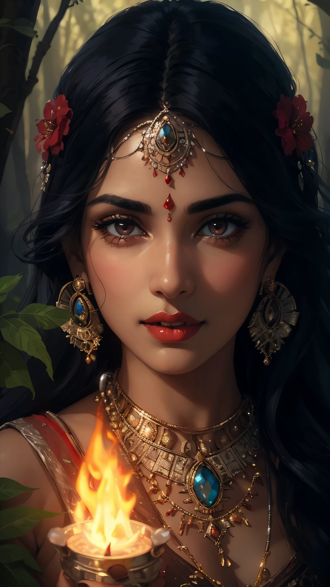 high quality, 8K Ultra HD, paintings with a Victoria Frances-like atmosphere, (holding Deepak), Detailed illustration of a fantastic beautiful woman, (beautiful face), (mature woman), (beautiful Indian woman), perfect face, perfect eyes, perfect nose, perfect lips, paintings with a mysterious touch, outdoor background, (dark forest background), (night), full moon, awesome full color, little smile, (red lips), blush on face, (blush), ((silver eyes)), ((silver hair)), (((wearing a black and white saree))), ((red bindi between the eyebrows)), cinematic blue tone, cinematic colour grading 