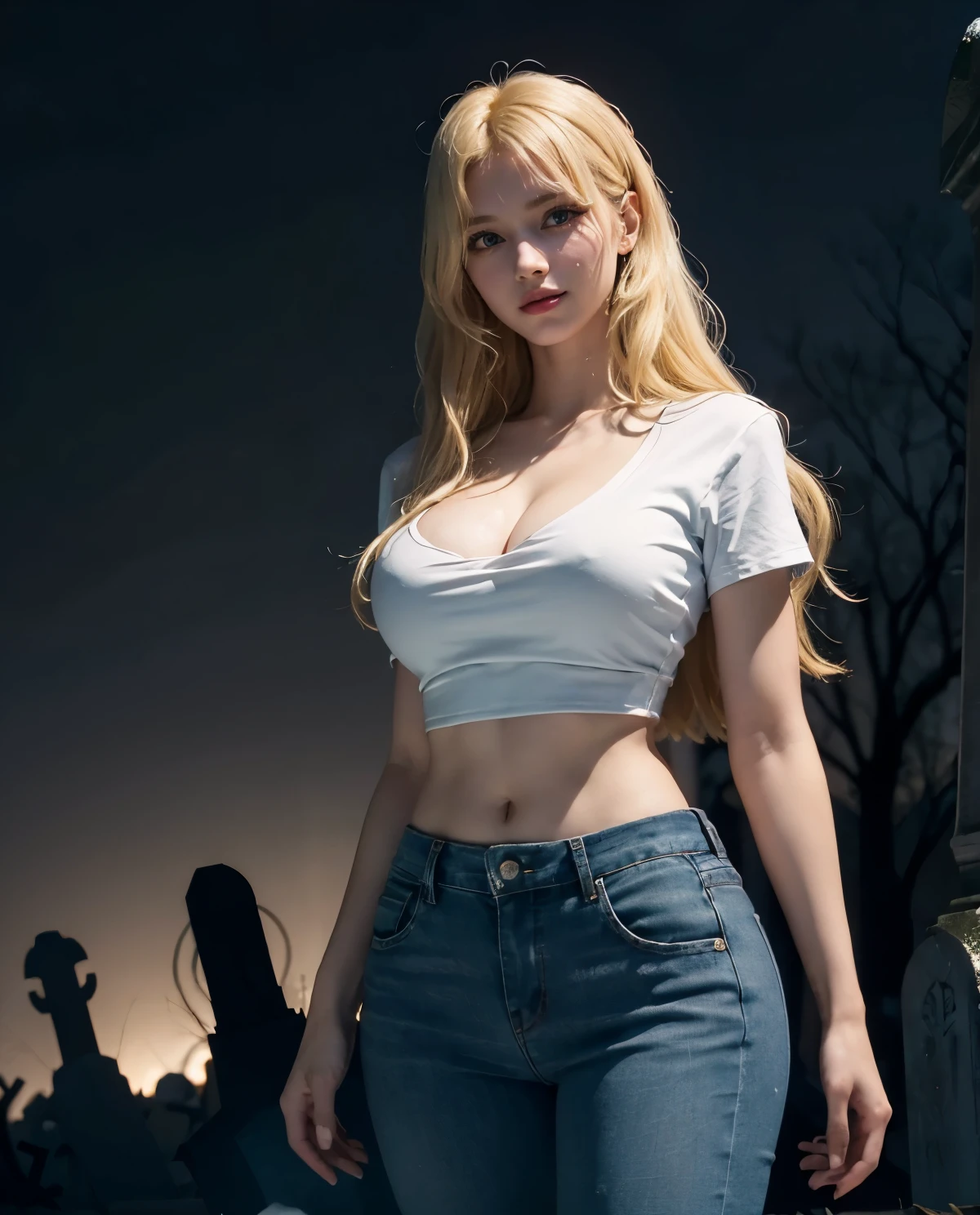1girl, Blue eyes, (smile), (Sana Minatozaki), wide hips, Big , big , (Best Quality, 8k, Masterpiece: 1.3), perfect hands, Clear Focus: 1.2, Perfect Body Beauty: 1.4, Highly detailed face and skin texture, detailed eyes, double eyelids, (blonde long hair :1.2), white cleshirt, jeans, standing, dynamic pose, dim light, (in a scary graveyard at night :1.4), ((dark theme :1.3)), (darkness), ((abandoned tombstones :1.1)), dry trees, full moon in the background