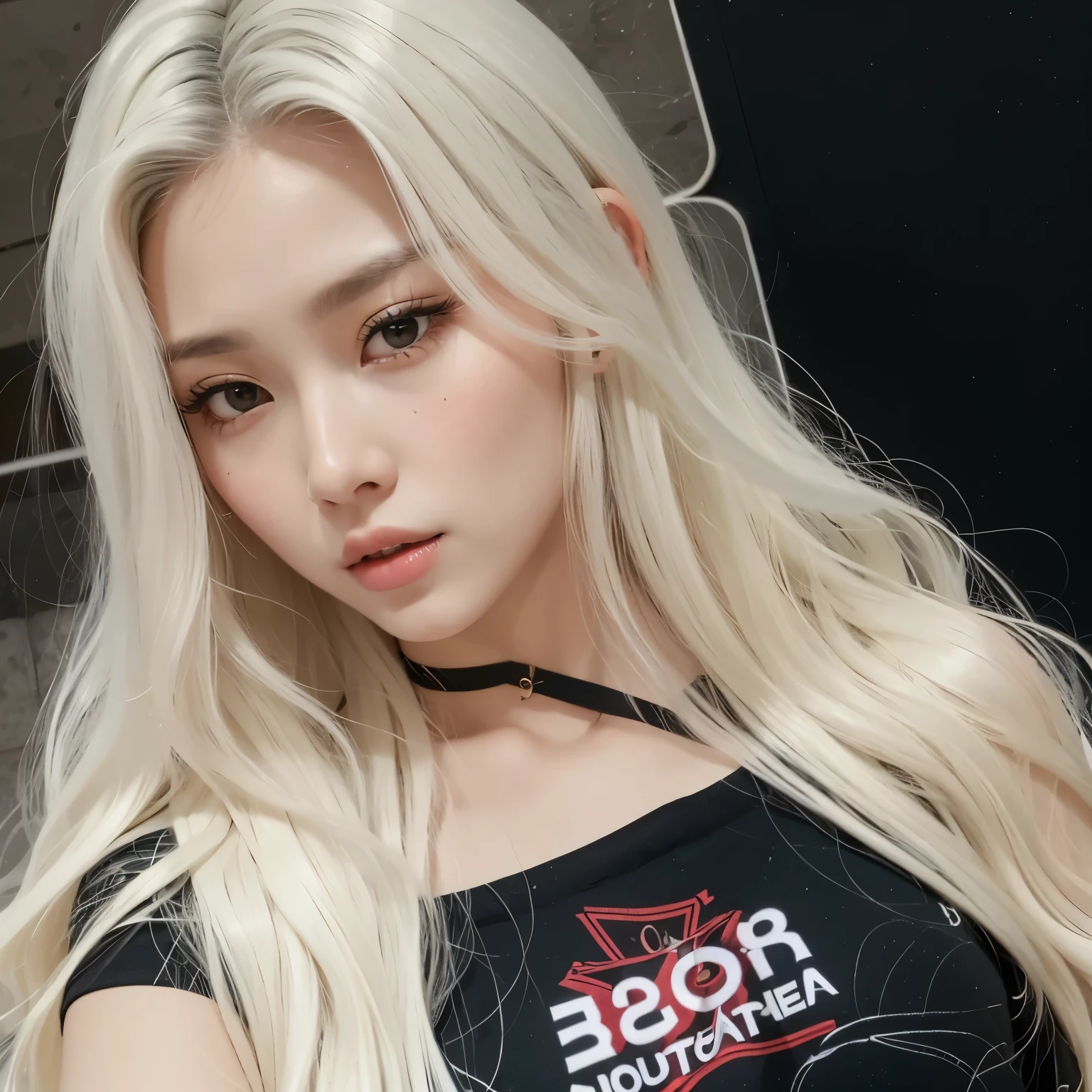 um close up de uma mulher com longos cabelos loiros vestindo uma camisa preta, grandes seios, her hair is white, cabelo loiro muito claro, coreana, com longos cabelos brancos, korean idol, com cabelos longos brancos, 18 anos de idade, melhor qualidade, 4k