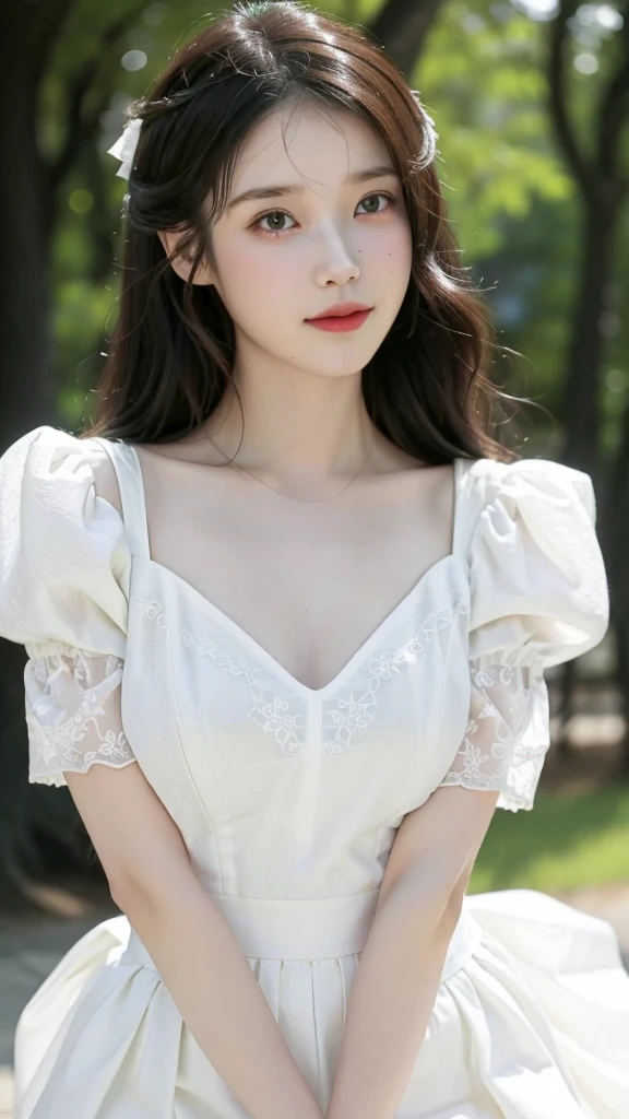 (photo-realistic:1.6), gentle sunlight, cinematic light, beautiful girl, half-body photo, (feminine smile), most realistic, charm, highest quality, masterpiece, 8k ultra, best quality, pretty face, girly hairstyle, a cheerful and cute girl, (girly white shoulder dress), ((short pleated skirt)), park background, (short sleeves), cute face, ultra-detailed, beautiful detailed eyes, beautiful detailed nose, detail hair, (look at viewer), ((large breasts)), adorably posing