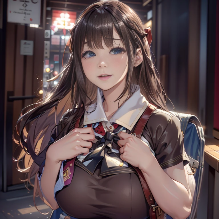 「highest quality、masterpiece、An illustration、very delicate and beautiful、very detailed、cg、8k wallpaper、wonderful、small details、masterpiece、最高の究極の芸術very detailed cg Unity 8k wallpaper」、japanese girl、(((huge breasts 1:1)))、(((Super Big 1:2)))、(((Pee)))、(((White Button Shirt)))、(((brown hair)))、(((long hair)))、(((Red ribbon tie)))、(((carrying a brown school bag)))、