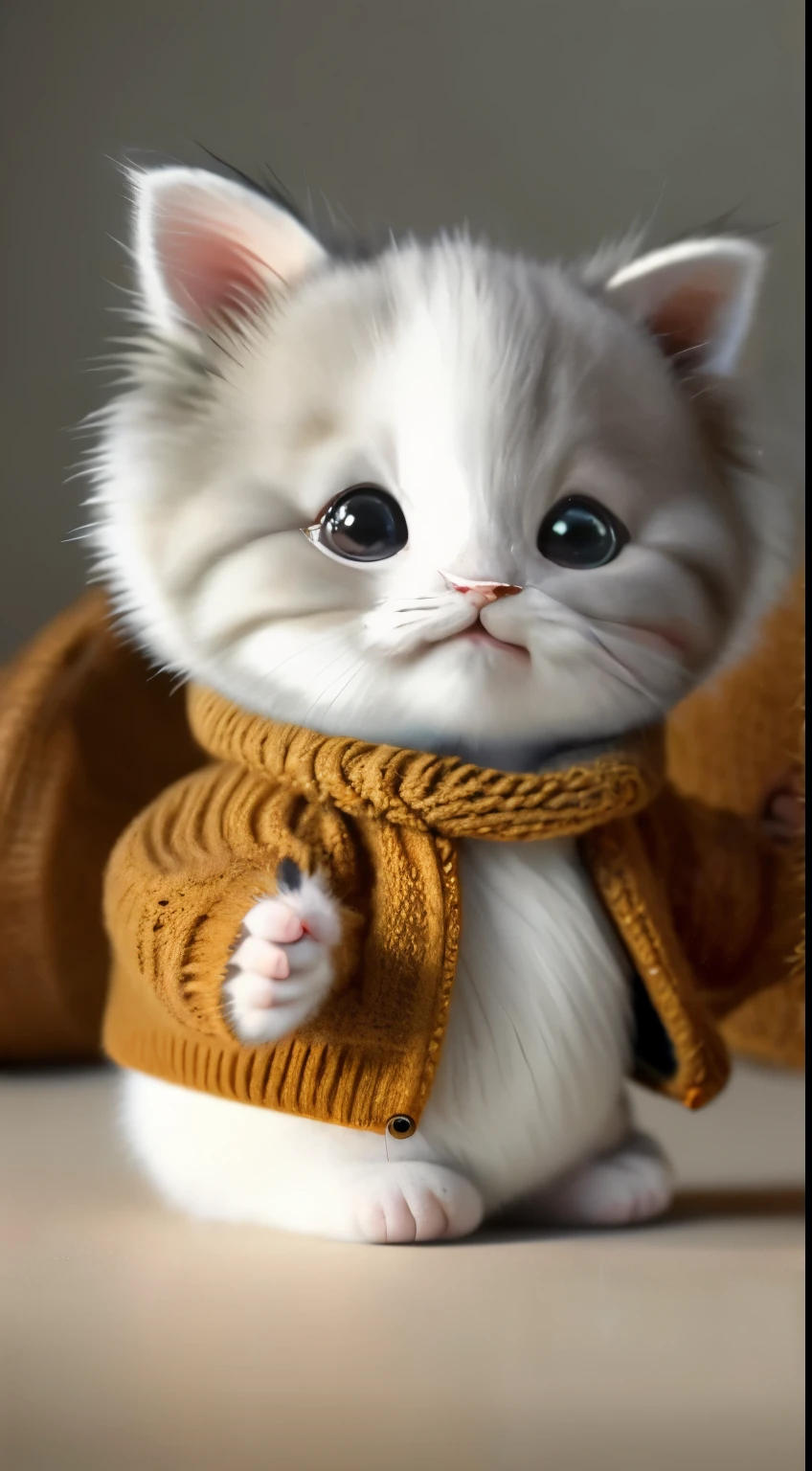 kitten in clothes, miniature kitten, Animal focus, bearded, realistic, POV Hand, ambiguous background,smile,interesting、