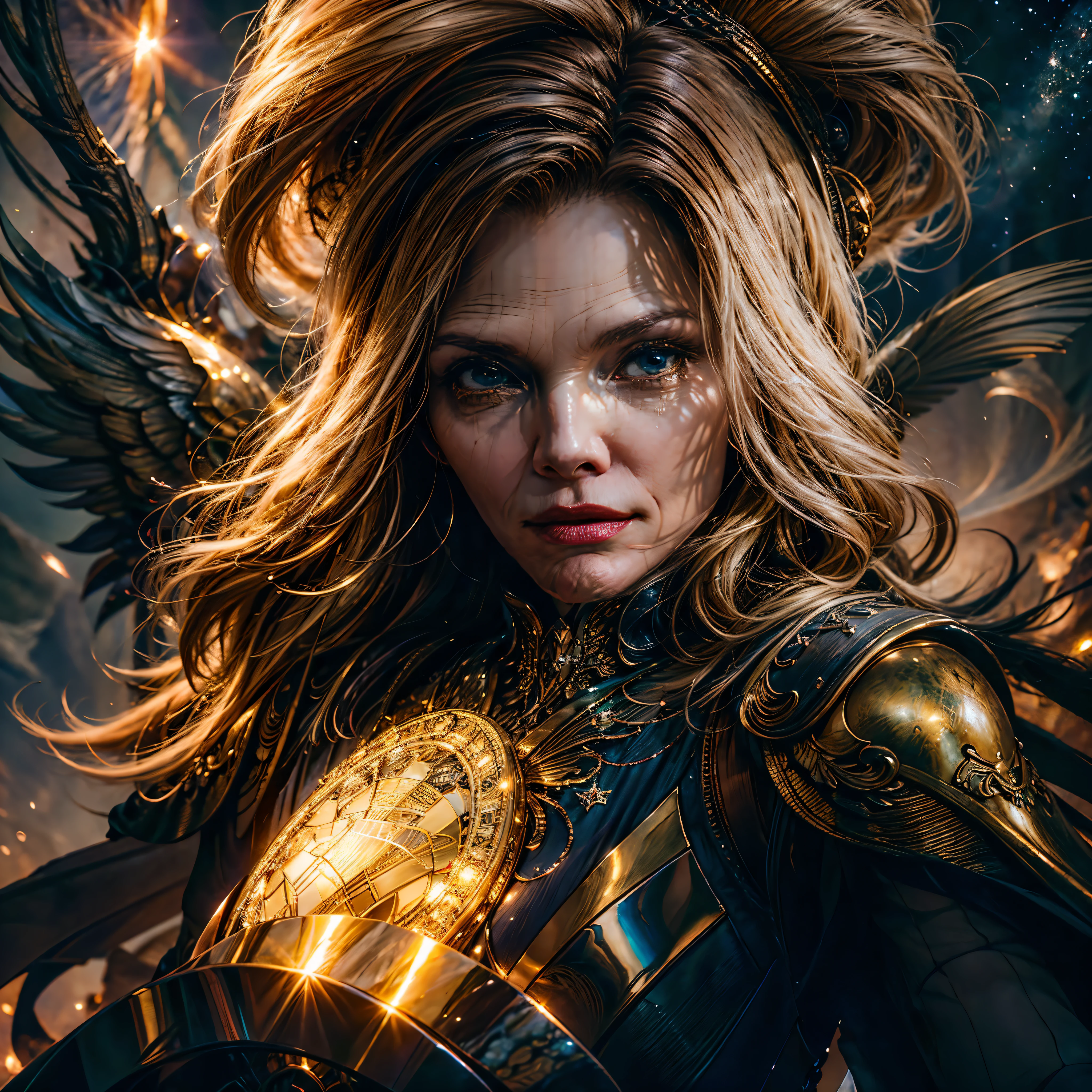 Epic Beautiful painting of Michelle-Pfeiffer as perfect gorgeous female warrior, shapeless long fullbody, perfect features, (wearing extremely baroque armor Chainmail_Armor), abstract beauty, near perfection, pure form, dynamic pose, ethereal background, (deep dark shadows), (strong cinematic lighting), (back lighting), "Michelle-Pfeiffer" concept art by Greg Rutkowski and John William Waterhouse and Alphonse Mucha, epic stunning details, intricate details, hyper post-production, ultra High resolution, ultra high details, trending on ArtStation, ultra sharp focus, depth of field f/1.8, studio photos, (((looking at camera))) magv1ll high details, best quality, absurdres [ultra detailed], masterpiece, ultra high best quality, (extremely detailed), dynamic angle, ultra wide shot, photorealistic, ((fantasy art)) ((larry elmore style)), dnd art, rpg art, realistic art, female human druid of the stars, guardian of nature, controlling magical energy made of stars, swirling blue stary magical light, divine symbols (1.5 intricate details, Masterpiece, best quality, absurdres), human female, extremally beautiful, ultra feminine, dynamic hair, dynamic hair color, wearing leather armor, holding a staff, moon light, stars, dynamic natural background, RPG art, magical atmosphere magic-fantasy-forest, ultra best realistic, best details, best quality, absurdres, [ultra detailed], masterpiece, ultra best quality, (extremely detailed), ultra wide shot, photorealism, depth of field, hyper realistic painting, 3D rendering, varies multi etc. --v 6 --s 1000 --c 20 --q 20 --chaos 100