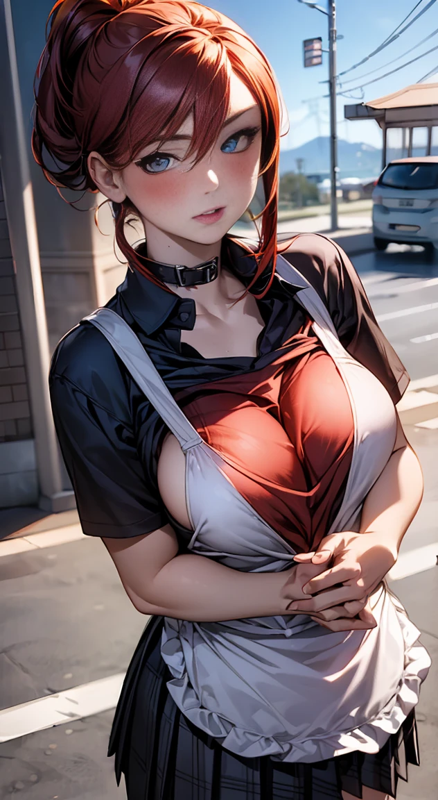 (masterpiece:1.2, highest quality), (realistic, photorealistic:1.4), beautiful illustrations,
looking at the viewer, whole body, Front view:0.6,
1 female, Japanese, ((Redhead chignon:1.4)), blown hair, bangs, hair between eyes, (Height: 177cm, E-cup upturned breasts, Moderate abs, big firm butt),
beautiful hair, beautiful face, beautiful and detailed eyes, (blue eyes:1.3), beautiful clavicle, beautiful body, beautiful breasts, beautiful thighs, beautiful feet, beautiful fingers,
(beautiful scenery), (Inside a convenience store),
((Short sleeve shirt with collar, black shirt, Green plaid pleated skirt)), (white apron:1.3), white panties,
(Are standing, lift the skirt, Grab the hem of the skirt, put your hand on your chest, hand between legs),
(glare at the viewer while blushing:1.3)