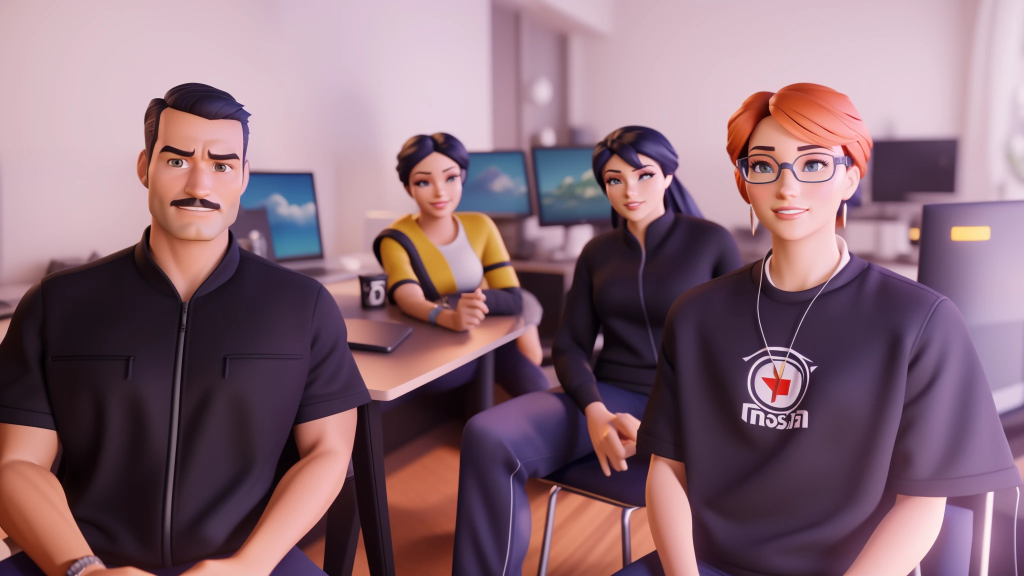 (masterpiece, best quality: 1.2) all young male character people sitting at a table with computers in a room, with techware, desktop background, group photo, digital artist, avatar image, stylized character, animation character, stylized 3d render, 3d character, highly detailed character, stylized anime, stylized 3d, render character, character model, close up, maximum quality, animation style rendering, 3D estilizado, Arnold Maya render, 3 d render stylized, toon render keyshot, Personagem 3D, Personagem 3D, 3d rendering stylized, 3 d character render, personagem de desenho animado, Personagem de close up, Pose de personagem, (Estilo Pixar) (master part:1.2), (best quality) (pele detalhada) (textura detalhada) (8k) (argila) (Cinematic lighting) (foco nítido)