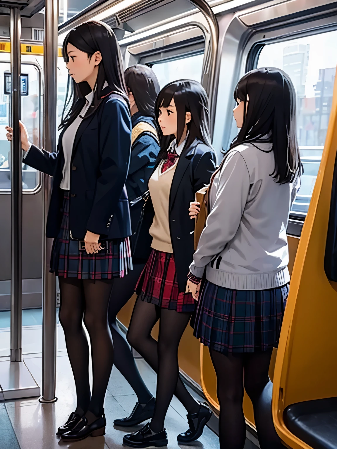 Profile view, show entire body, feet in view, 3 female Japanese students, plaid skirts, polo shirts, school jackets, pantyhose, crowded subway car