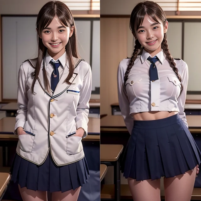 onoff,side-by-side photo,split screen,((Beautiful girl in Japan:1.3)) ((School Uniforms:1.4)) ((pantyshot:1.5)) ((highschool)),((Dark blue skirt:1.3)) ((in class room:1.3)) ((Thin_fabric:1.4)) ((Random sexy poses:1.3)) ((full of sweat:1.5))((with a flushed face:1.4)),((close-up:1.2)) Best Quality,masutepiece,超A high resolution,(Photorealistic:1.4),Raw photo,(Authentic skin texture:1.3),(Film grain:1.3),the panorama,Character Portrait,Very Wide Shot,Narrow waist,Cowboy Shot,(In the Dark, deepshadow, lowkey, cold light,) Night,Streaming Tears,Dust,Tindall Effect,(expression),1girl in,beautiful detailed eyes and face,White Jabot,Brown eyes,((Brown hair:1.2)) ((Full body:1.3)) ((Smile:1.3))