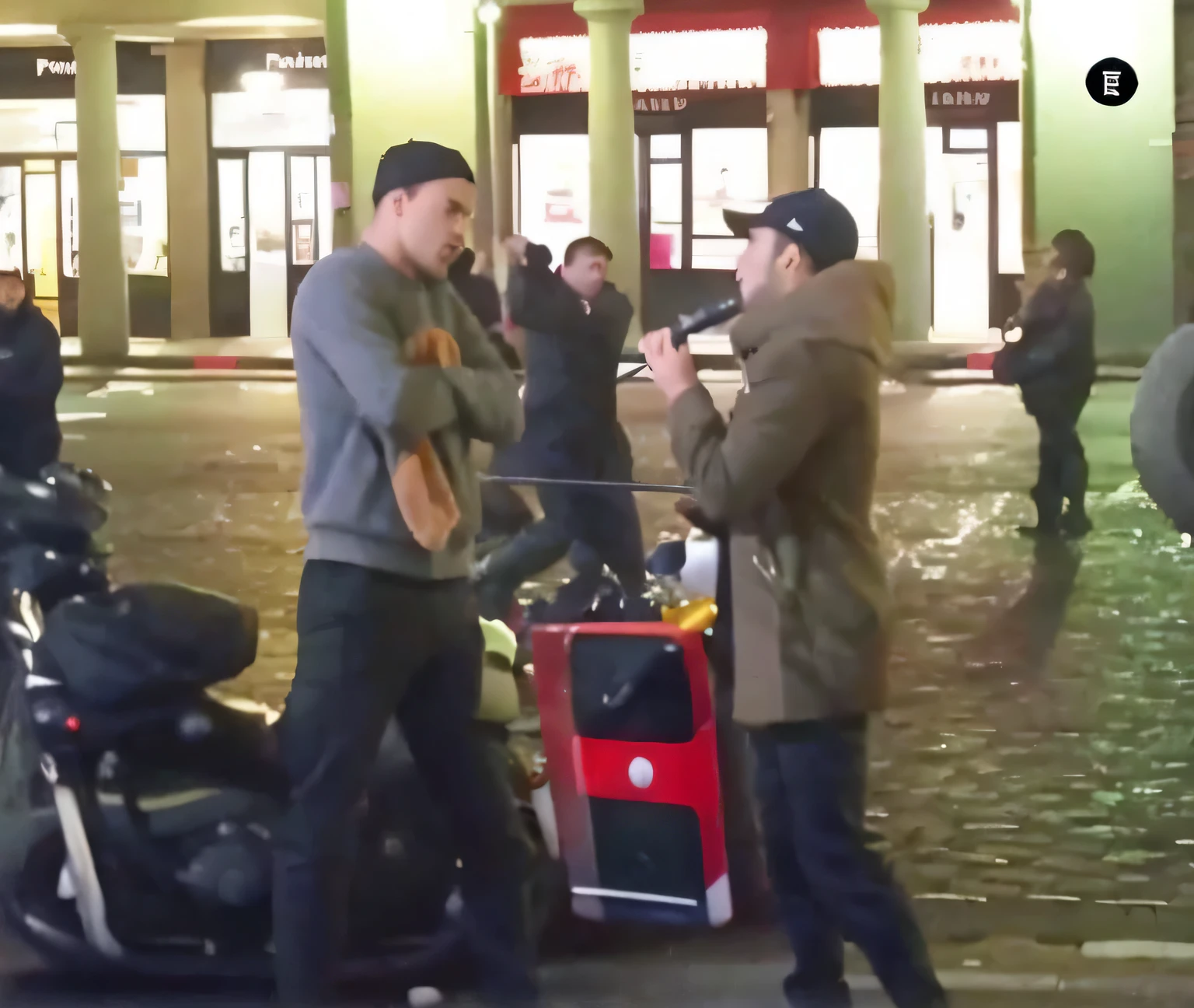 there are two men standing next to each other on a street, video still, facebook post, caught on camera, video footage, discovered photo, fight scene, they are fighting very angry, abcdefghijklmnopqrstuvwxyz, choreographed fight scene, leaked image, behind the scenes, snapchat photo