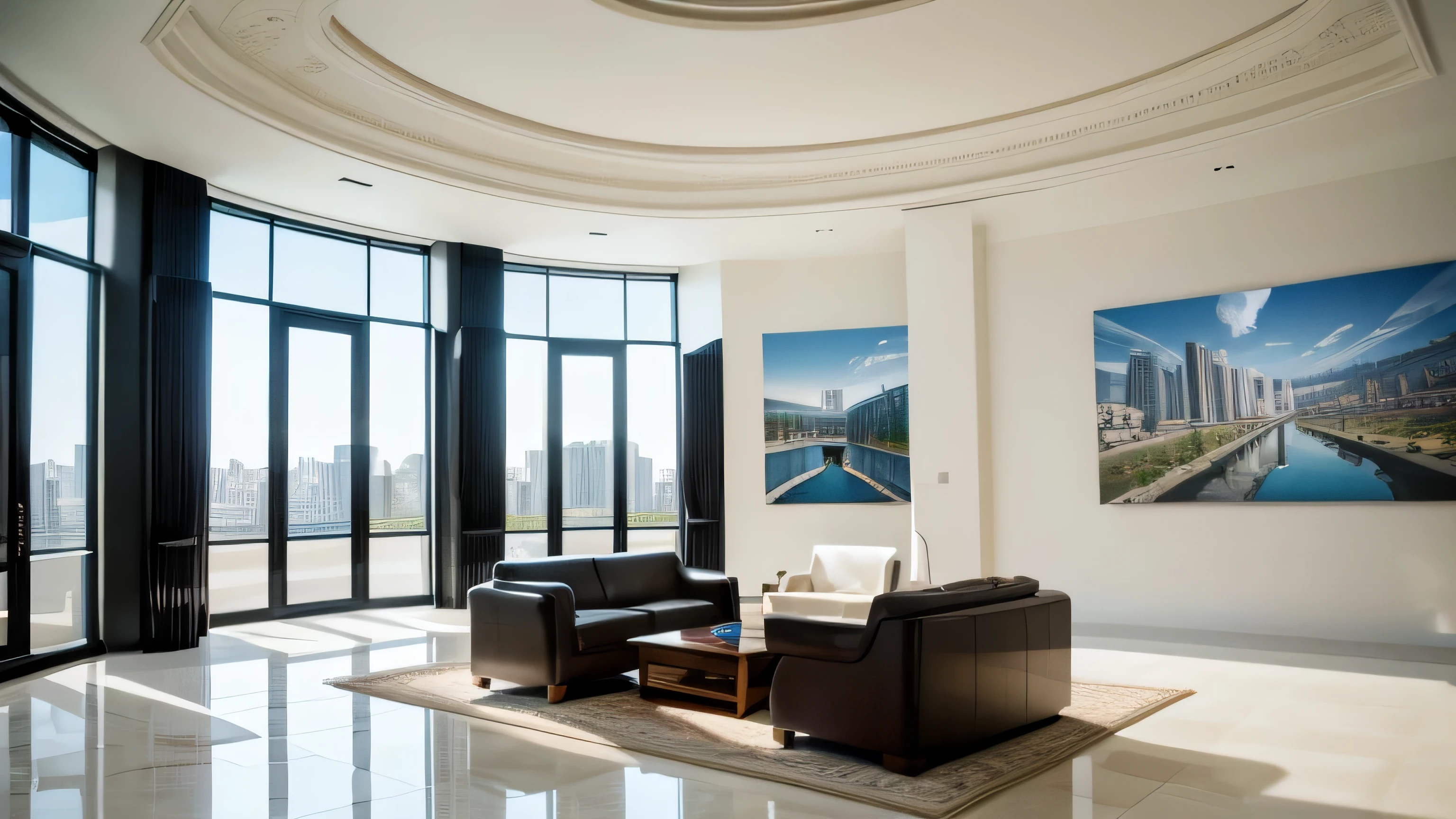 reception room,There is a wall in the middle of the reception room,The painting on the wall is in the middle, Paintings on the walls, skyscape, Large airy windows, large tile floor, large tile wall. Zaha Hadid and Santiago Calatrava landscape panoramic style, Fish, Clear light, Edge lighting, Perfect image, Building summary style, 16k UE5. superfine, 8K, hdr, Product photography, Depth of field, Nikon D850, Ultra-realistic, no contrast, clean sharp focus, professional, No blurring