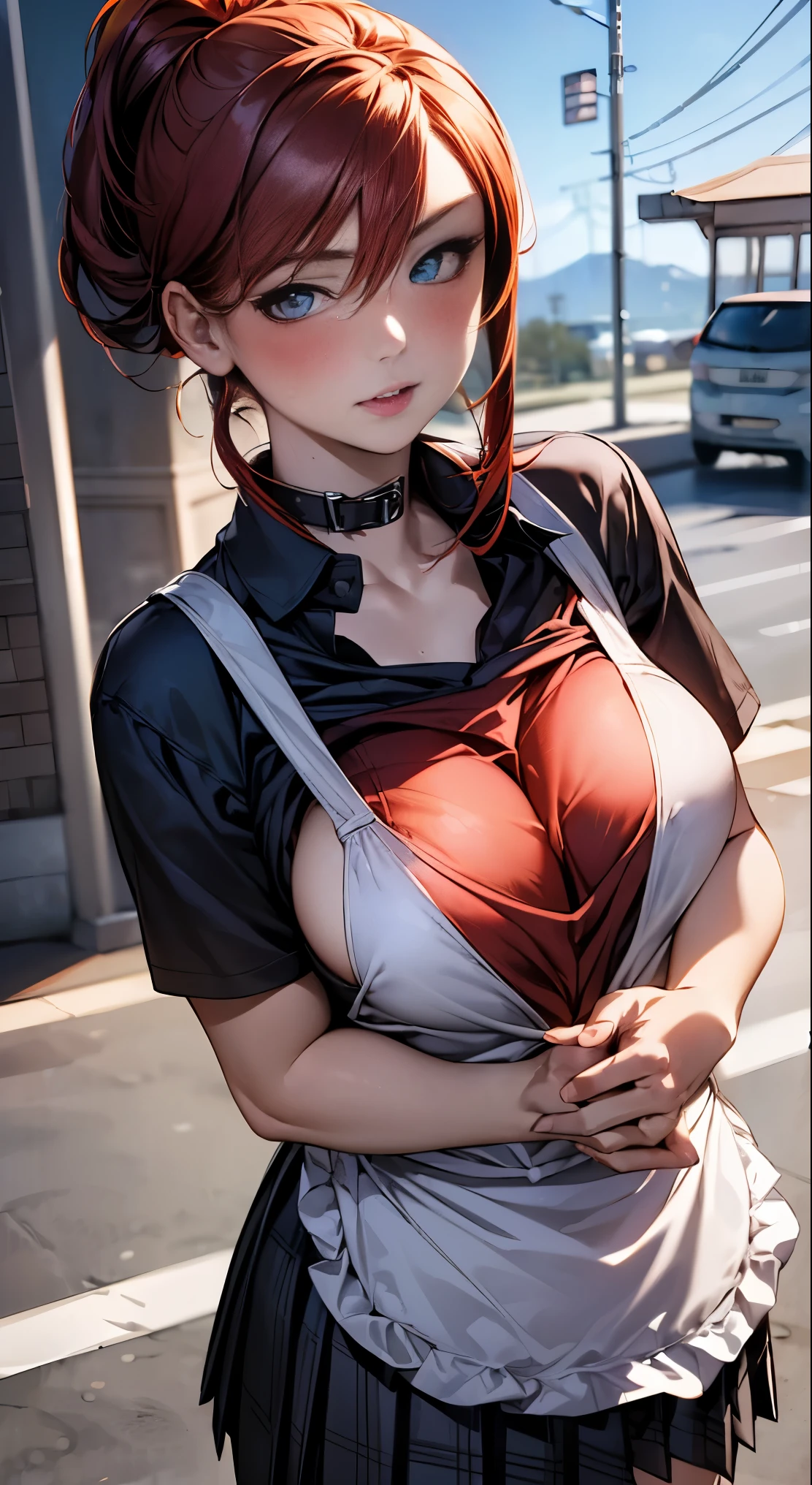 (masterpiece:1.2, highest quality), (realistic, photorealistic:1.4), beautiful illustrations,
looking at the viewer, whole body, Front view:0.6,
1 female, Japanese, ((Redhead chignon:1.4)), blown hair, bangs, hair between eyes, (Height: 177cm, E-cup upturned breasts, Moderate abs, big firm butt),
beautiful hair, beautiful face, beautiful and detailed eyes, (blue eyes:1.3), beautiful clavicle, beautiful body, beautiful breasts, beautiful thighs, beautiful feet, beautiful fingers,
(beautiful scenery), (Inside a convenience store),
((Short sleeve shirt with collar, black shirt, Green plaid pleated skirt)), (white apron:1.3), white panties,
(Are standing, lift the skirt, Grab the hem of the skirt, put your hand on your chest, hand between legs),
(glare at the viewer while blushing:1.3)