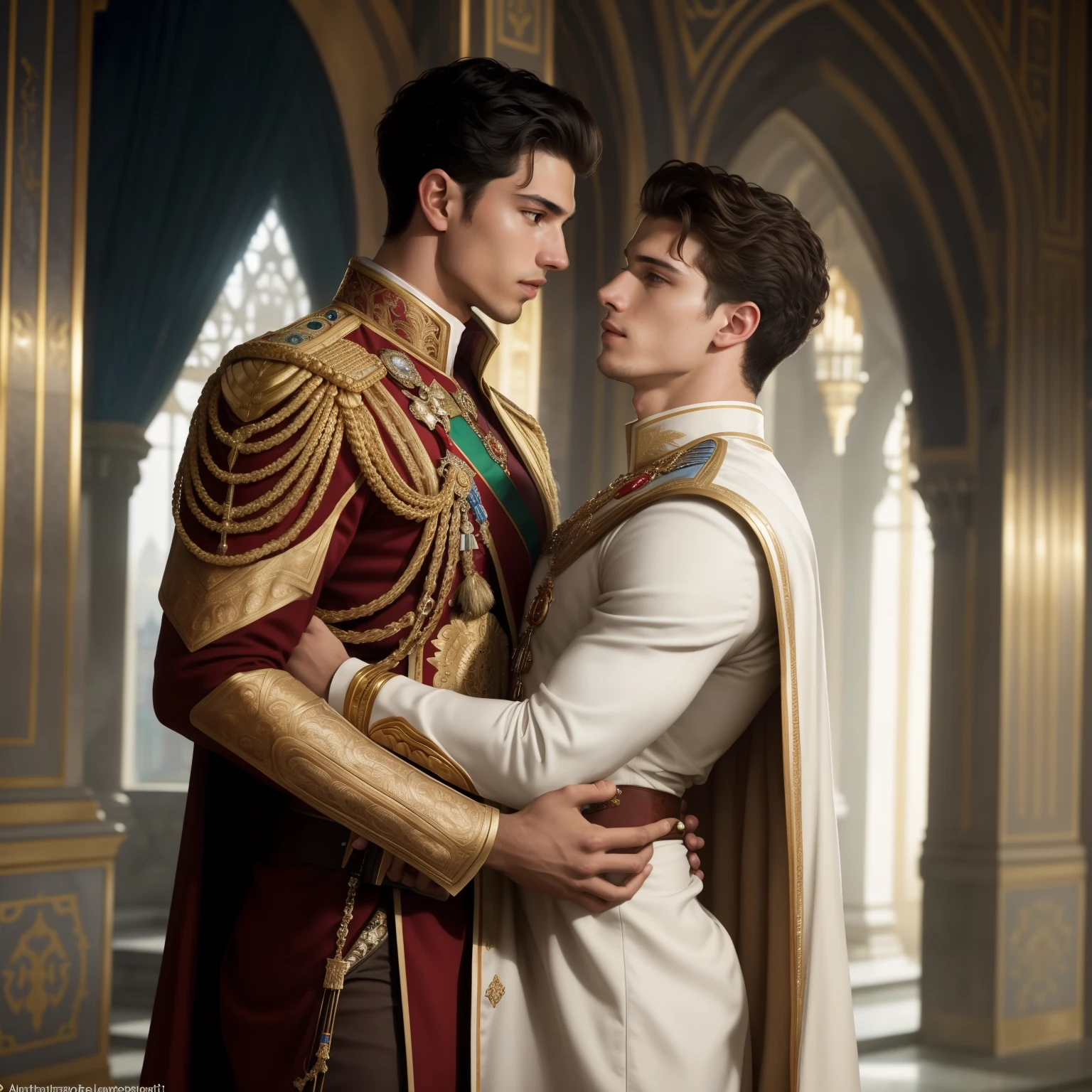 an interracial gay male couple of men in full royal garb romantic embrace, face to face, european and african, homoerotic, darius zawadzki and tom bagshaw, inspired by Hedi Xandt, brown skin man egyptian prince, by Hedi Xandt, edmund blair and charlie bowater, inspired by Frederick Lord Leighton, wlop and andrei riabovitchev, charlie bowater and mark brooks, tom holland, interracial gay, Beautiful, breathtaking, full body, interracial gay men, brownskin African Nigerian Emperor shortcurlyafro,  the caucasian tsar of Russia short hair, jeweled loin guard, rendering, digital painting, Imperial coat of arms Russia, males only, beautiful attractive antique kings male lovers. nice pose , holding romantic , lushill style, digital painting, beautiful, realistic, Art by Daniela Uhlig and Tatiana Suarez, a proud beauty loving male couple, ,realistic face shapes, smilie beige, tasteful, no visible penis, beautiful perfect lips, excellent nose, high detail, 8k, mystical, magical, masterpiece Vienna in the background with stencils and castle Schnbrunn, waterfall, ultra hd, realistic, vivid colors, highly detailed, UHD drawing, pen and ink, perfect composition, beautifully detailed intricate insanely detailed octane rendering trending on artstation, 8k artistic photography, photorealistic concept art, soft natural volumetric cinematic perfect light, perfectly proportioned realistic lips