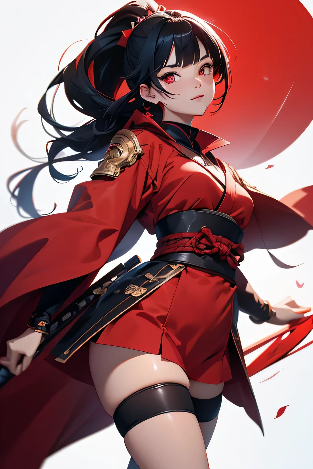 Samurai girl animado, tela roja, red rays in pelo negro, long eyelashes, solid circle eyes, sonrisa ligera, rubor de oreja, una cola de caballo alta y larga, ojos rojos, pelo negro, flequillo contundente, pantalones cortos negros, revelando el abdomen, Usar medias negras largas, Surrealismo, sombra paralela, anaglyph, fondo rojo, estereograma, cuerpo completo, Atmospheric perspective, animado, Sony FE GM, 8k, super detail, preciso, Mejor calidad, anatomically correct, super detail