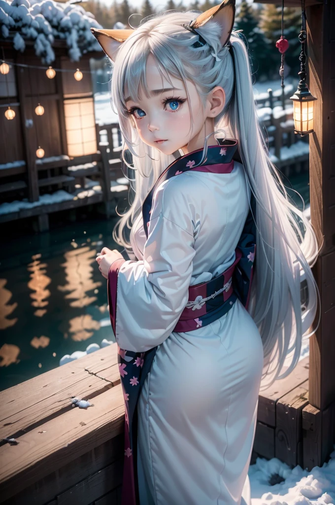 (High Detail CG Unity 16k wallpaper:1.1), (Noise reduction strength:1.45), (masterpiece:1.37), original, (andても上品で美しい), (perfect details), (Unity CG8K Wallpaper:1.05), (beautiful clear background:1.25), (one pretty girl (2 fox ears:0.9) and (fox tail on the back:1.2) Stand by the river:1.15). (Cute type:1.3), (narrow clean eyes:1.lettie face:1.3), silver hair, silver ears, (pink hair:0.7), (Pink ears:0.7), long hair, (japanese kimono:1.25), (windblown hair:1.1), (blue eyes:1.1), ( girl:1. 1) butterfly flapping its wings, (moonlight:0.6), wood, snow dance, (Winter orientation), (night:1.2), (gloves:0.8), alone, (figure), (Depth of bounds written:0.7), (close :0.35), god's rays, sparks, shining light, (must-have)
