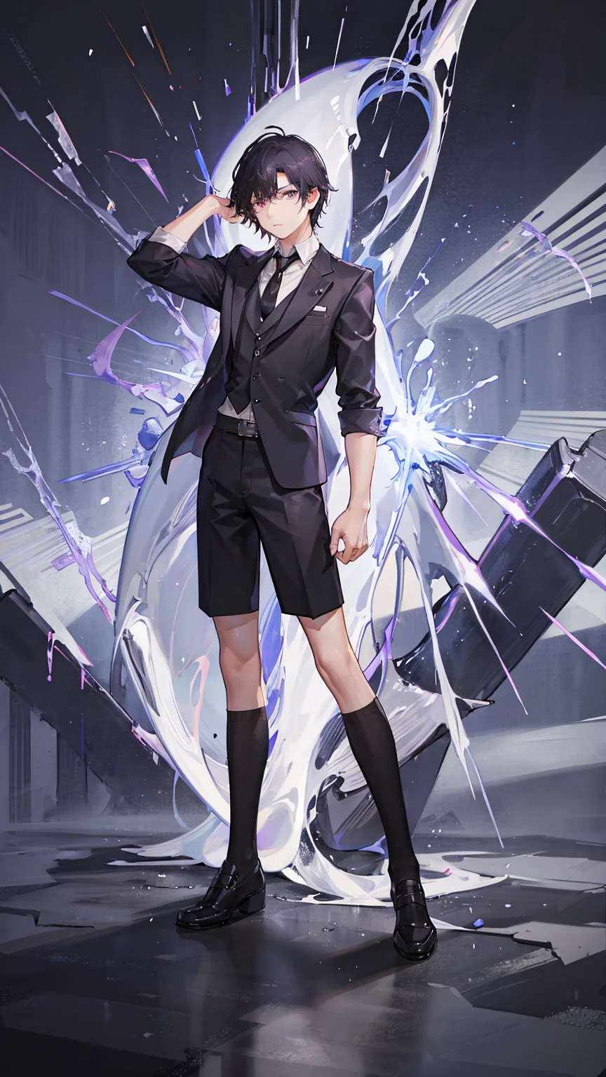 1boy,solo,cool,serious expression, black hair, ((short straight hair)),purple eyes,((slant eyes)),anatomically correct,(black tie),((black short pants)),black uniform,in the night, luminous effect,best quality, high quality,masterpiece, 8K 