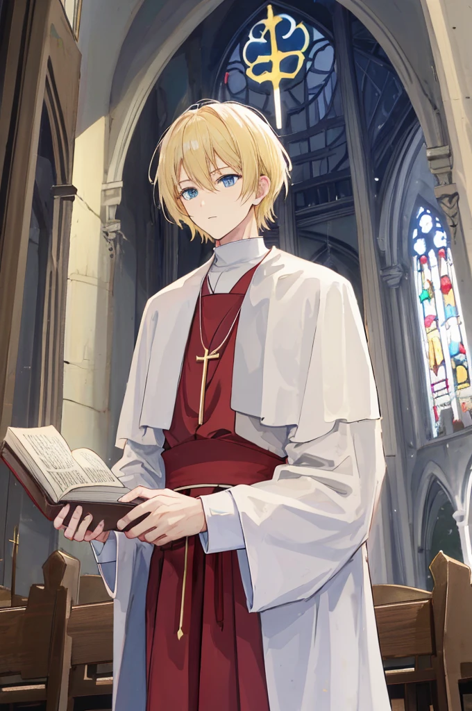 a mature man,adult,Straight height,flat chest,father,blond,blue eyes,white monastic clothes,Hand holding holy book,temple,church,