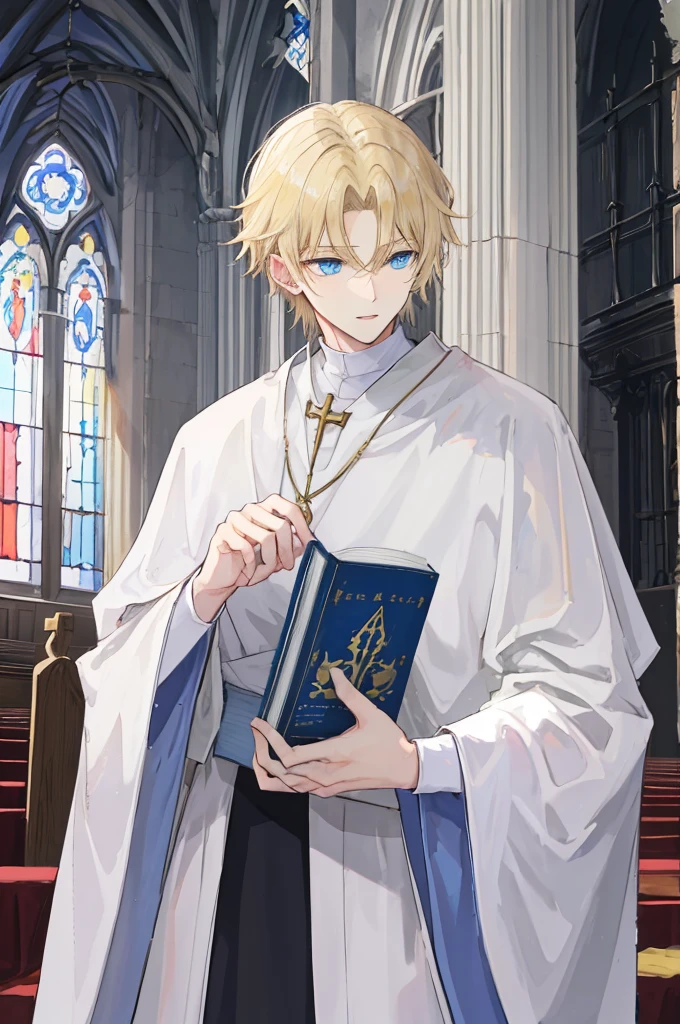 a mature man,adult,Straight height,flat chest,father,blond,blue eyes,white monastic clothes,Hand holding holy book,temple,church,