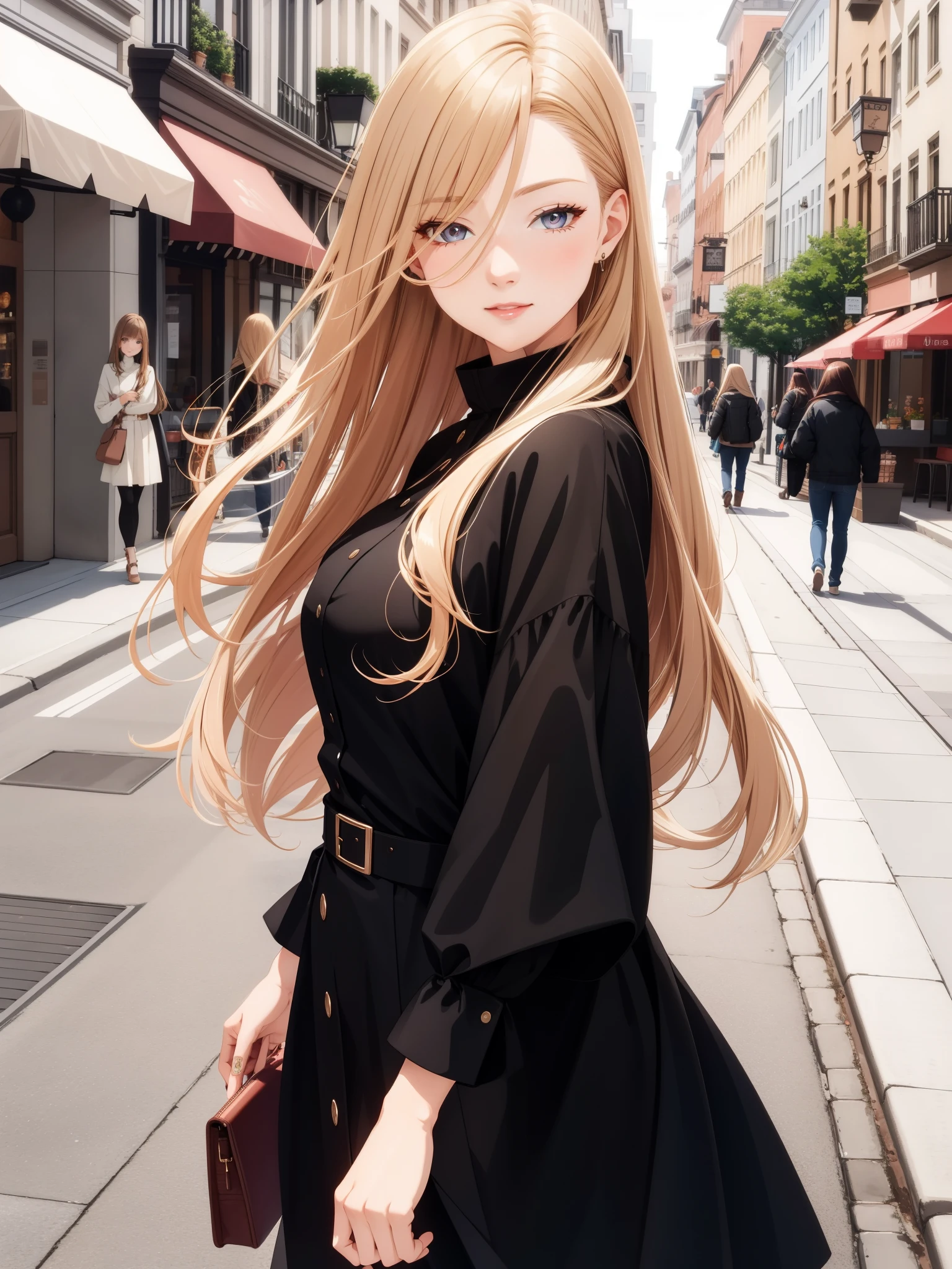 (best quality, highres, ultra-detailed eyes), cool adult woman, older sister type, elegant, confident, long hair, swept-side bang, [[[brown hair]]], blonde hair, brown eyes, blush, street scene, walking, stylish clothes, ultra-detailed, vibrant colors