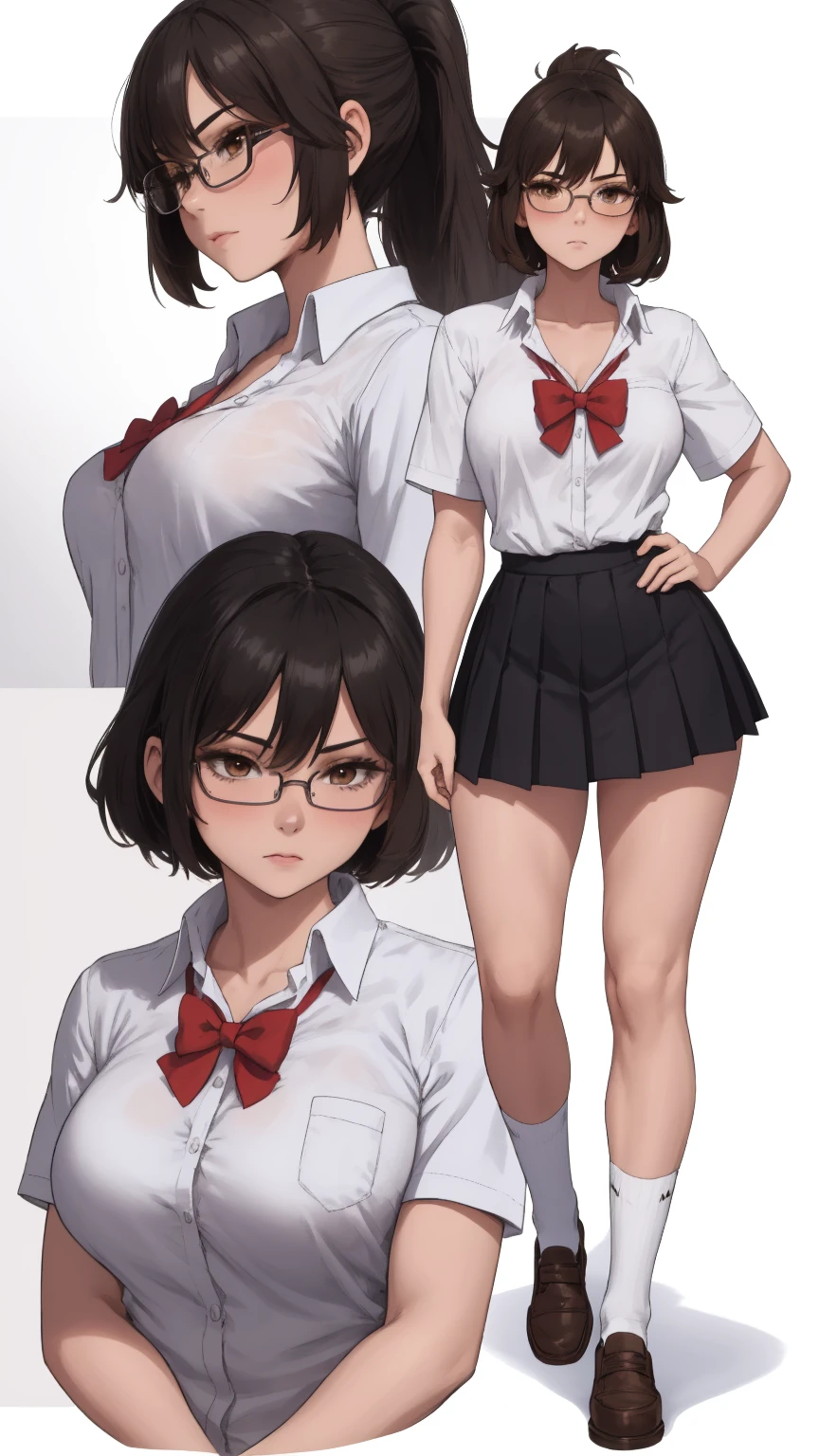 woman is very feminine, but very attractive in the three poses for the piece of art, 1girl, skirt, breasts, button gap, glasses, black hair, brown skirt, bow, pleated skirt, tented shirt, bowtie, socks, shoes, shirt, white background, multiple views, ponytail, large breasts, white shirt, brown eyes, short sleeves, shirt tucked in, black-framed eyewear, simple background, school uniform,ogiwara sayu, brown eyes, brown hair, long hair, school uniform, red bow, white shirt, school uniform, collarbone