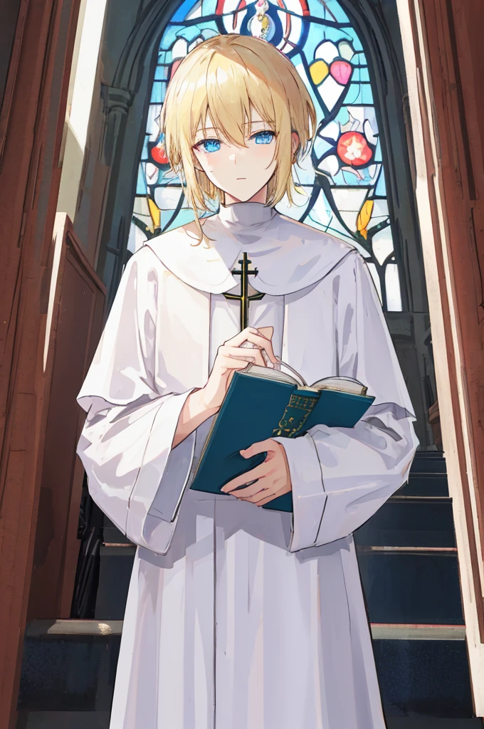 a mature man，adult，Straight height，flat chest，father，blond，blue eyes，white monastic clothes，Hand holding holy book，temple，church，nsfw，