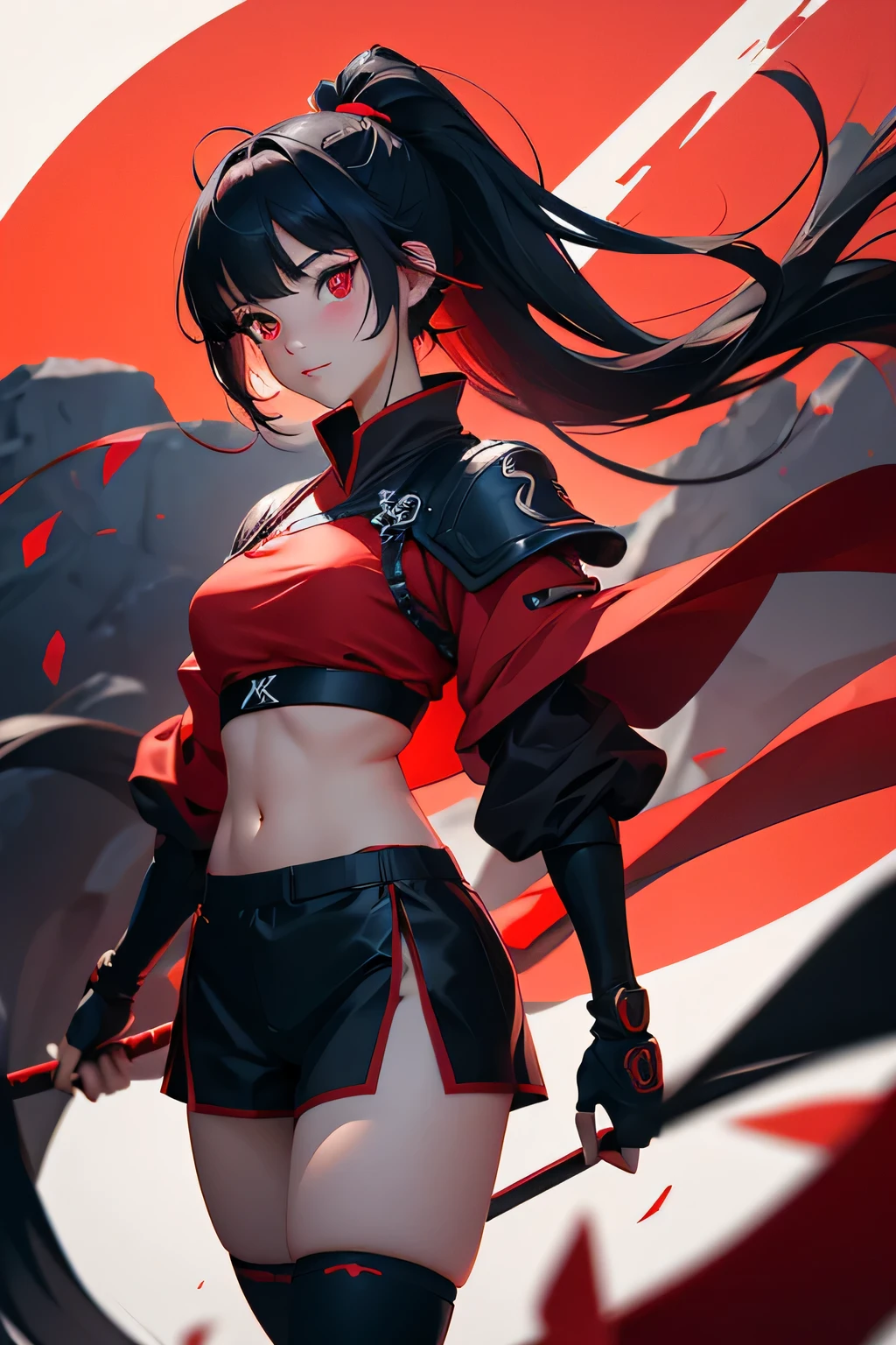 Samurai girl animado, tela roja, red rays in pelo negro, long eyelashes, solid circle eyes, sonrisa ligera, rubor de oreja, una cola de caballo alta y larga, ojos rojos, pelo negro, flequillo contundente, pantalones cortos negros, revelando el abdomen, Usar medias negras largas, Surrealismo, sombra paralela, anaglyph, fondo rojo, estereograma, cuerpo completo, Atmospheric perspective, animado, Sony FE GM, 8k, super detail, preciso, Mejor calidad, anatomically correct, super detail