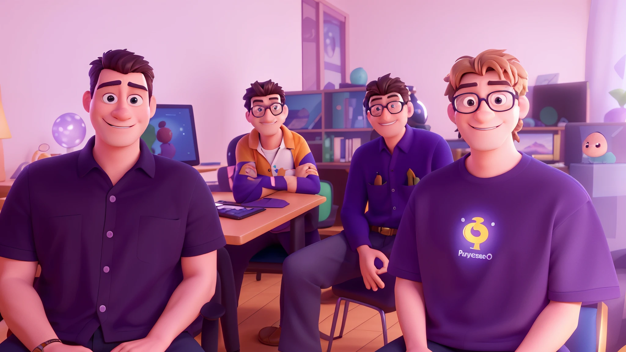 (masterpiece, best quality: 1.2) people sitting at a table with computers in a room, with techware, desktop background, group photo, digital artist, avatar image, nilian animation studio, profile pic, Cartoon character of many man, um personagem animado, Caractere estilizado, animation style rendering, Cartoon character of many people, animation character, Caractere estilizado, animation style rendering, 3D estilizado, Arnold Maya render, 3 d render stylized, toon render keyshot, Personagem 3D, Personagem 3D, 3d rendering stylized, 3 d character render, personagem de desenho animado, Personagem de close up, Pose de personagem, (Estilo Pixar) (master part:1.2) (Bokeh) (best quality) (pele detalhada) (textura detalhada) (8k) (argila) (Cinematic lighting) (foco nítido)