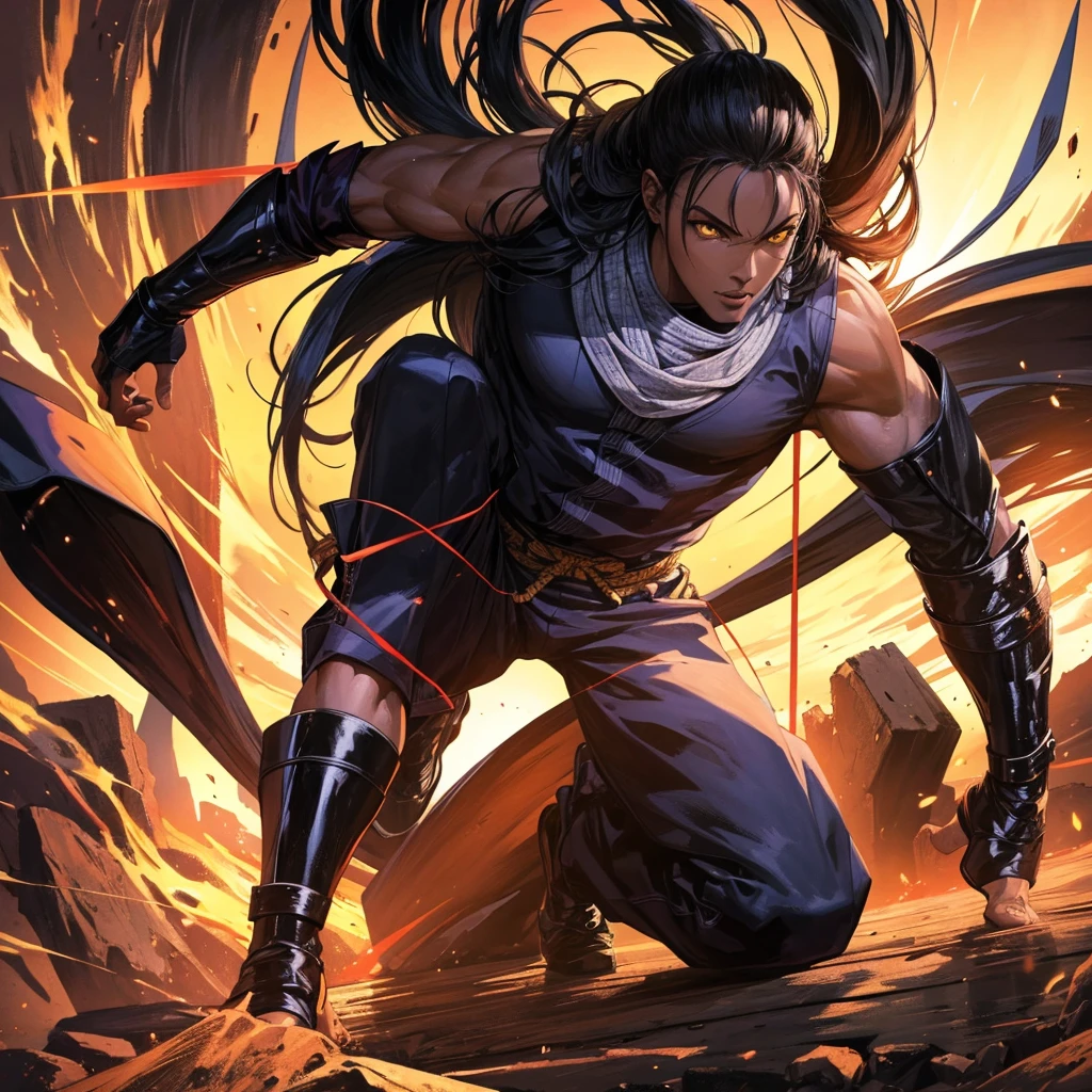 (best quality, highres, ultra-detailed:1.2), black African anime ninja, dark atmosphere, intense action, stealthy movements, dynamic poses, intense eyes, flowing hair, intricate details, energetic background, vibrant colors, comic book style, dramatic lighting, sharp focus