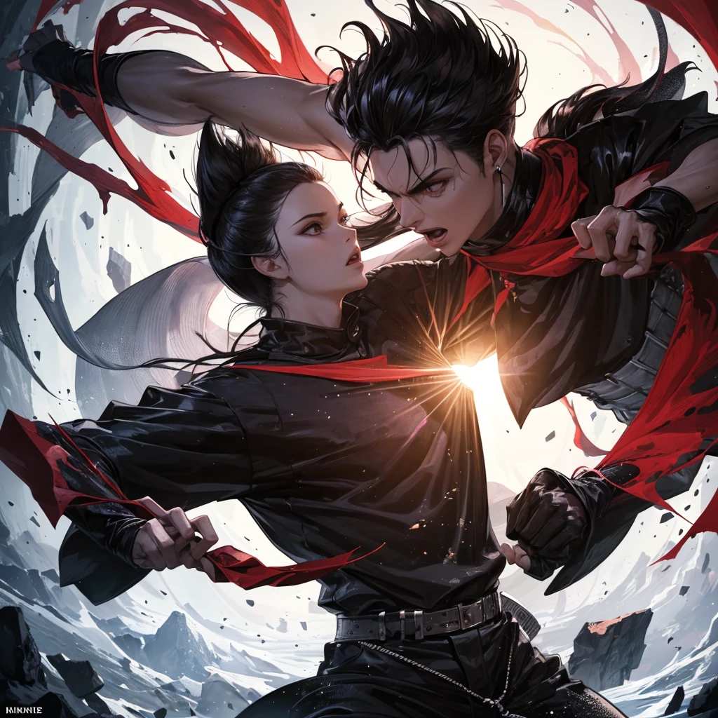(best quality, highres, ultra-detailed:1.2), black African anime ninja, dark atmosphere, intense action, stealthy movements, dynamic poses, intense eyes, flowing hair, intricate details, energetic background, vibrant colors, comic book style, dramatic lighting, sharp focus