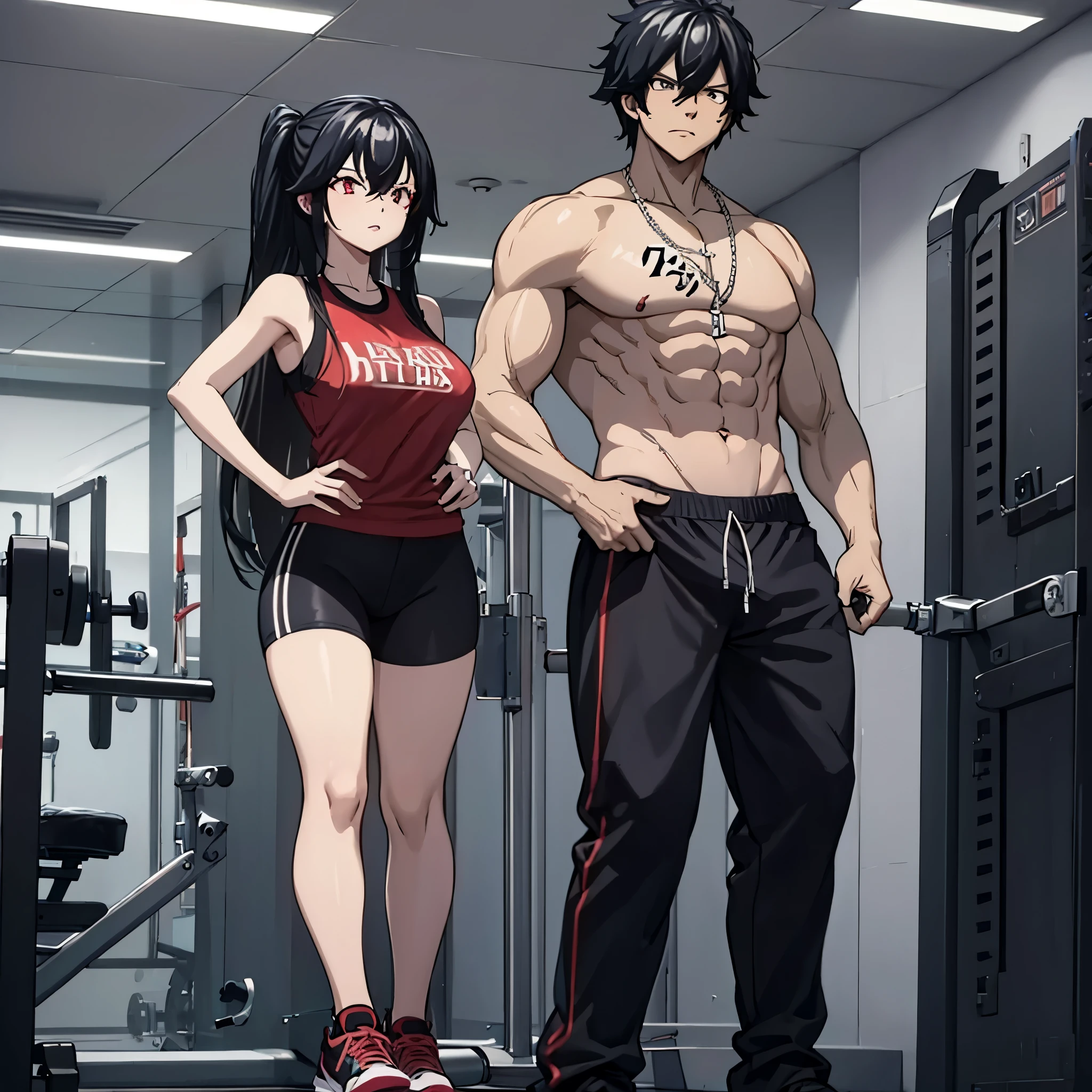 a man and a woman (eye red) in a gym working out in gym clothes in a fitness gym.