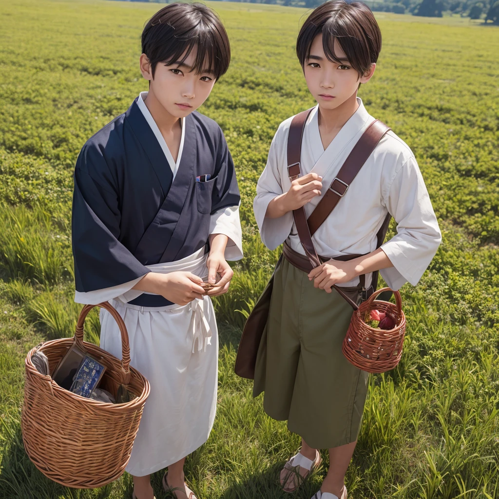  High resolution, Super detailed, masterpiece, highest quality,oriental、boy、boy working in the field、grassland、Basket Bag、Wearing traditional Japanese costumes、game poster、alone、