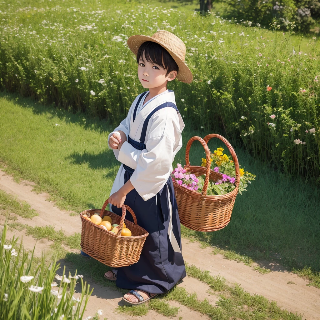  High resolution, Super detailed, masterpiece, highest quality,oriental、boy、boy working in the field、grassland、Basket Bag、Wearing traditional Japanese costumes、game poster、alone、