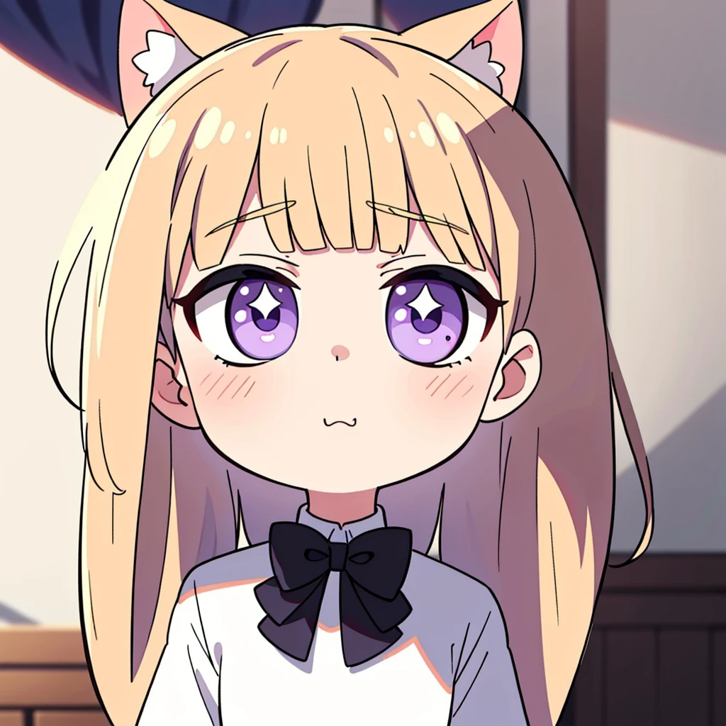 first place girl,petite,cute,loli,长straight hair,straight hair,beige hair,beige hair,Just the right bangs,Purple pupils,fair skin,smooth skin,White shirt,Black hairpin,bow tie,avatar,animal ears,Cat耳,Cat,beauty,high quality,HD quality,A masterpiece,perfect composition,clear pupils,Detailed characterization,Extreme details,Light and shadow coordination,(The proportions of facial features are correct),(Beautifully carved face),Epic work,8K,(Representative works),(MUCH QUALITY),(Super detailed),((illustration))