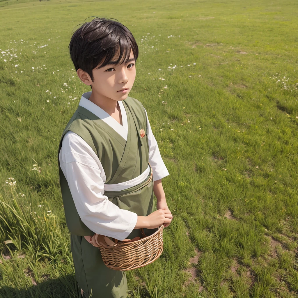 High resolution, Super detailed, masterpiece, highest quality,oriental、solo、boy、boy working in the field、grassland、basket backpack、Wearing traditional Japanese costumes、game poster、