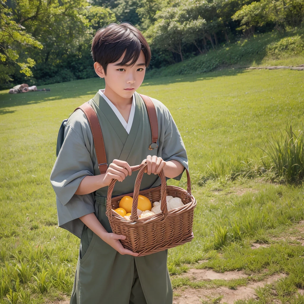  High resolution, Super detailed, masterpiece, highest quality,oriental、solo、boy、boy working in the field、grassland、I had a basket bag、Wearing traditional Japanese costumes、game poster、