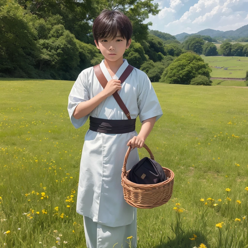 High resolution, Super detailed, masterpiece, highest quality,oriental、solo、boy、boy working in the field、grassland、I had a basket bag、Wearing traditional Japanese costumes、game poster、
