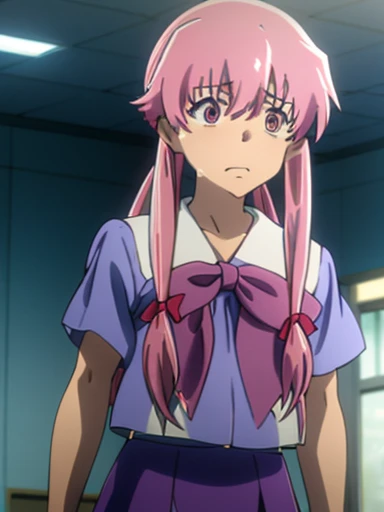Future Diary、My wife Yuna、pink hair, pink eyes,hair ribbon,side lock,twin tails,ponytail,shiny hair, school uniform,red bow tie,blue skirt,blue shirt,pleated skirt,short sleeve、whole body、crying face、tuck up