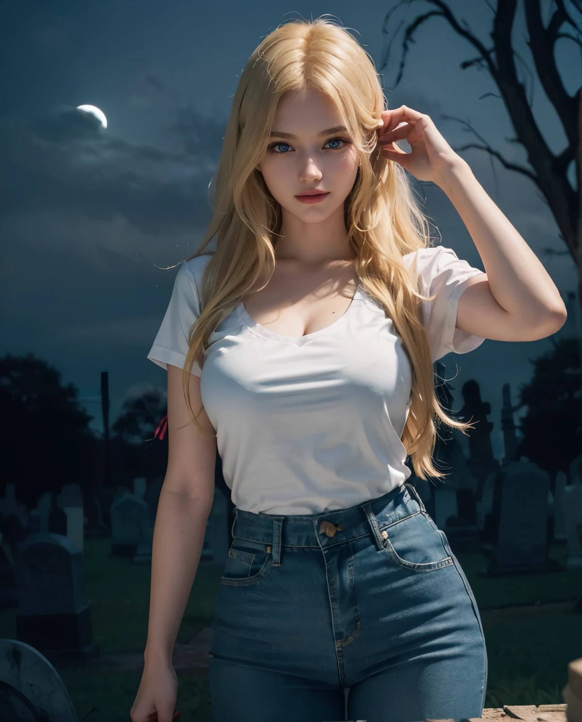 1girl, Blue eyes, (smile), (Sana Minatozaki), wide hips, Big , big ass, (Best Quality, 8k, Masterpiece: 1.3), perfect hands, Clear Focus: 1.2, Perfect Body Beauty: 1.4, Highly detailed face and skin texture, detailed eyes, double eyelids, (blonde long hair :1.2), white cleavage t-shirt, jeans, standing, dynamic pose, dim light, (in a scary graveyard at night :1.4), ((dark theme :1.3)), (darkness), ((abandoned tombstones :1.1)), dry trees, full moon in the background
