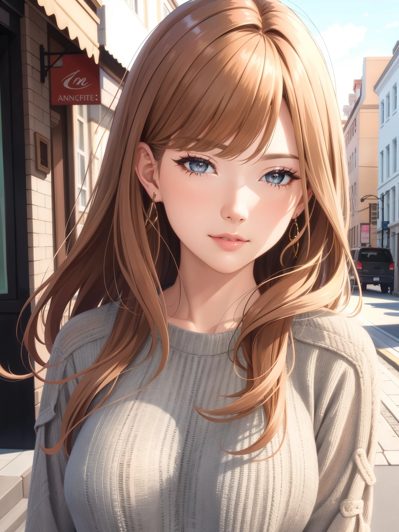 (best quality, highres, ultra-detailed eyes, close-up portrait), cool adult woman, older sister type, elegant, confident, long hair, swept-side bang, [[[brown hair]]], blonde hair, brown eyes, blush, street scene, walking, stylish clothes, ultra-detailed, vibrant colors