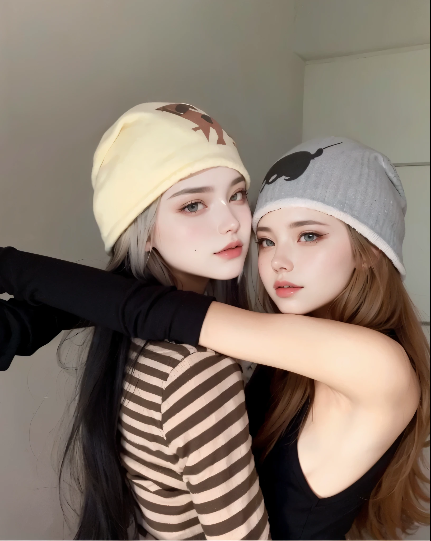 two women with long hair and hats pose for a photo, foto de perfil, Ulzzang, Yoshitomo Nara e Aya Takano, pixivs e junji ito, goth girl aesthetic, beautiful gemini twins, with pale skin, extremely pale white skin, com cabelos longos brancos, Sakimichan, very very very pale skin