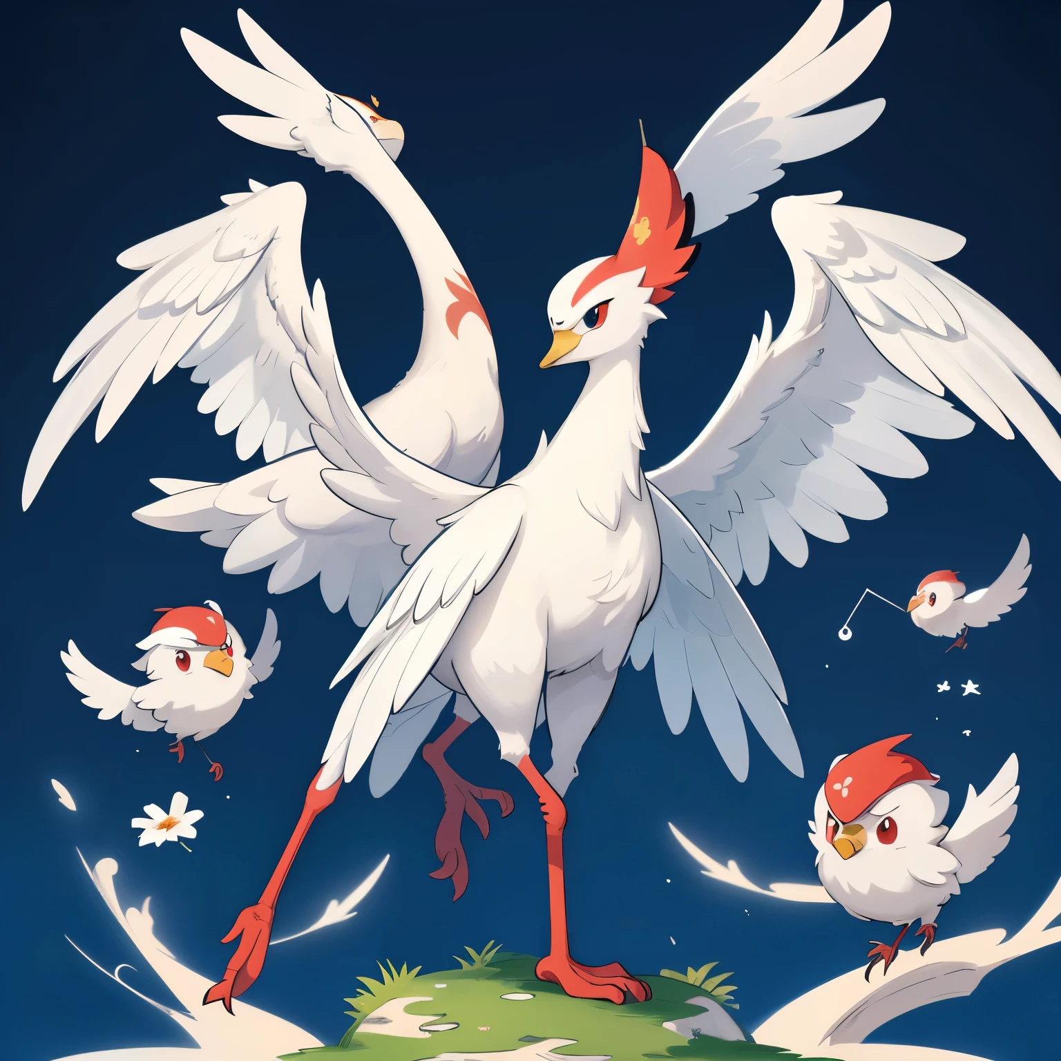 Japanese crane-inspired character, Avoid exact replicas of Pocket Monsters characters, no copyrighted symbols or logos,solo ,not too realistic crane features, avoid overly complex or intricate designs, not photo-realistic, no human characteristics, no grim or dark themes.