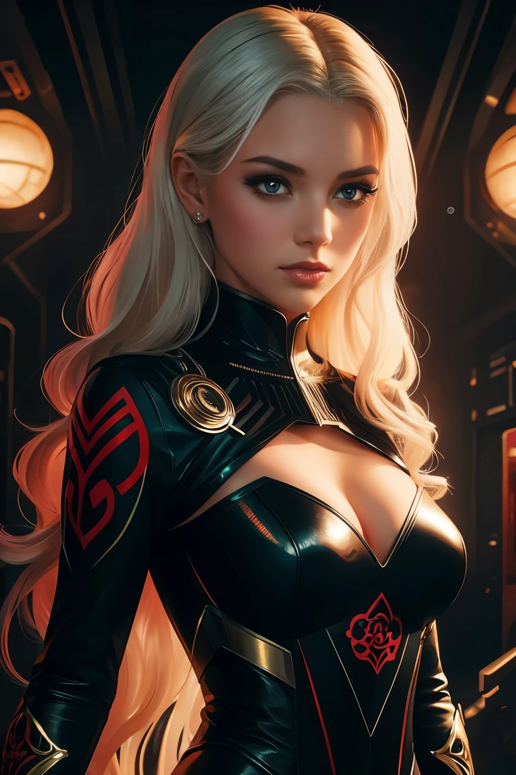 Portrait of a beautiful girl with wavy white hair, wearing a formal black dress with metal parts, red eyes, monograms in the background, digital painting, dark colors, 8k, complex details, vintage, retro futuristic style, sharp focus on the center, pastel colors, art station, (sci-fi, future, future theme), (facial expression looking with disdain), (detailed illustration)