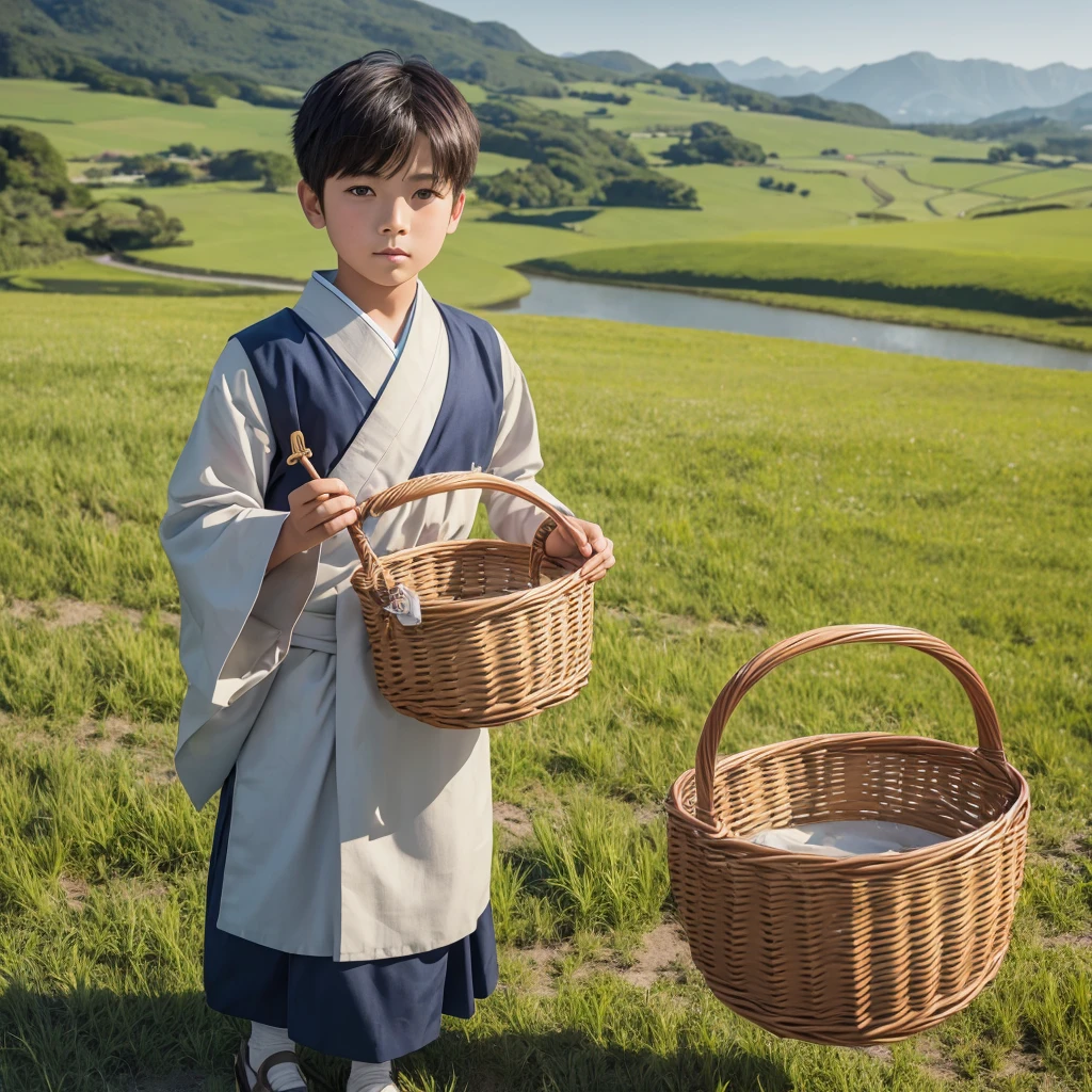  High resolution, Super detailed, masterpiece, highest quality,oriental、solo、boy、boy working in the field、grassland、held a basket in hand、Wearing traditional Japanese costumes、game poster、