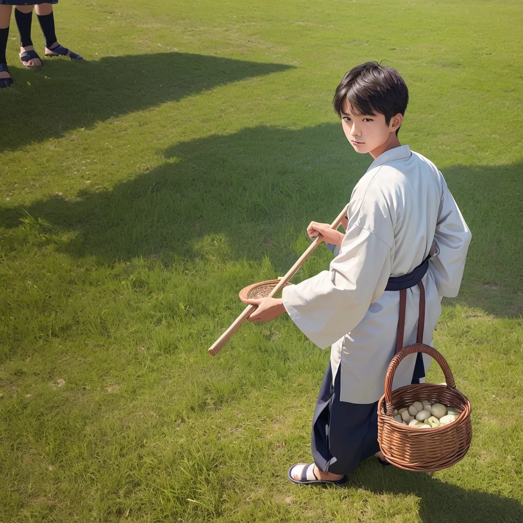 High resolution, Super detailed, masterpiece, highest quality,oriental、solo、boy、boy working in the field、grassland、held a basket in hand、Wearing traditional Japanese costumes、game poster、