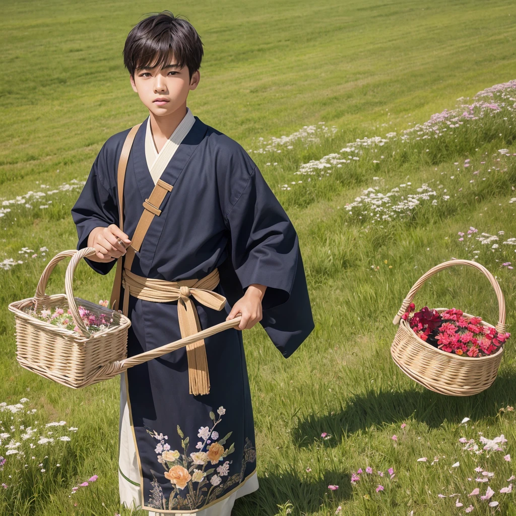  High resolution, Super detailed, masterpiece, highest quality,oriental、solo、boy、boy working in the field、grassland、held a basket in hand、Wearing traditional Japanese costumes、game poster、