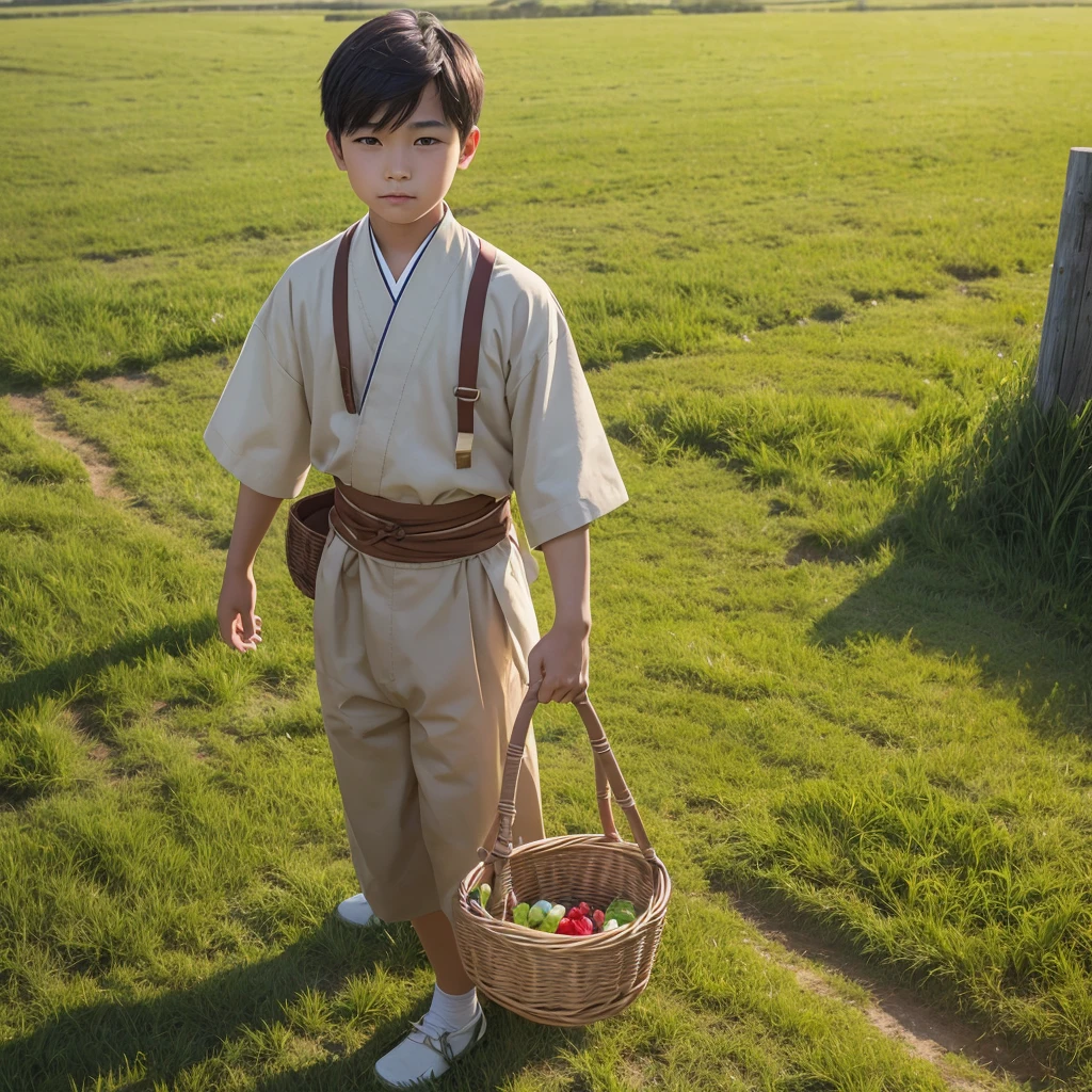  High resolution, Super detailed, masterpiece, highest quality,oriental、solo、boy、boy working in the field、grassland、held a basket in hand、Wearing traditional Japanese costumes、game poster、