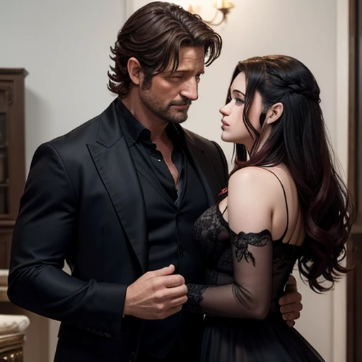 Pintura de una pareja enamorada, el hombre es gerard butler tiene cabello largo negro, ojos azules, es dominante, vampiro, serio y sensual. La mujer es de cabello largo rojo vino, un angel de alas blancas con las orillas rojas.