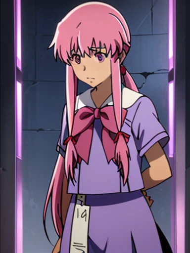 nsfw,Future Diary、My wife Yuna、pink hair, pink eyes,hair ribbon,side lock,twin tails,ponytail,shiny hair, school uniform,red bow tie,blue skirt,blue shirt,pleated skirt,short sleeve、standing position、crying face、tuck up