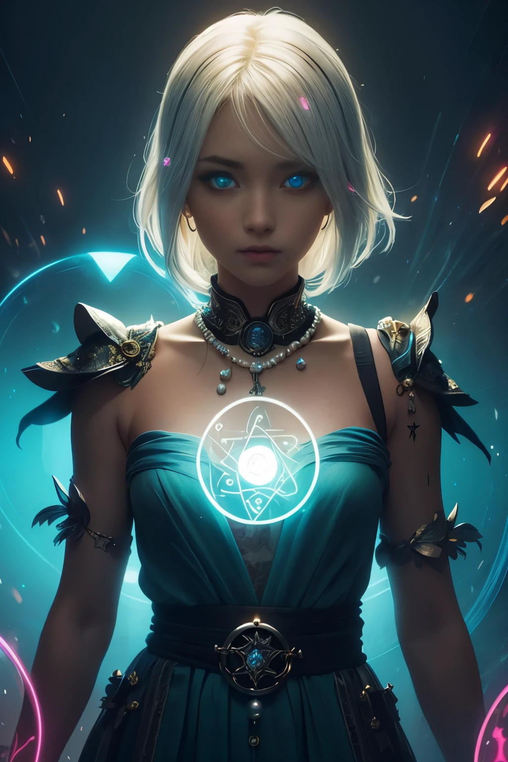 ((upper body)), best quality, masterpiece, a Japanese woman with ((Luminescence white hair)), ((detailed pearl blue eye)), high detailed goddess soul, focus on character, solo, (style swirl magic), solo, from front, front view, looking at viewer, detailed face, ((Luminescence Lighting Magic Circle theme)), perched on a ledge, tight neon body, light streaks, dark abyssal wanderer abstract, ((Simple Luminescence Neon Gown)), inscribed with mystical runes, outdoor dystopian background,