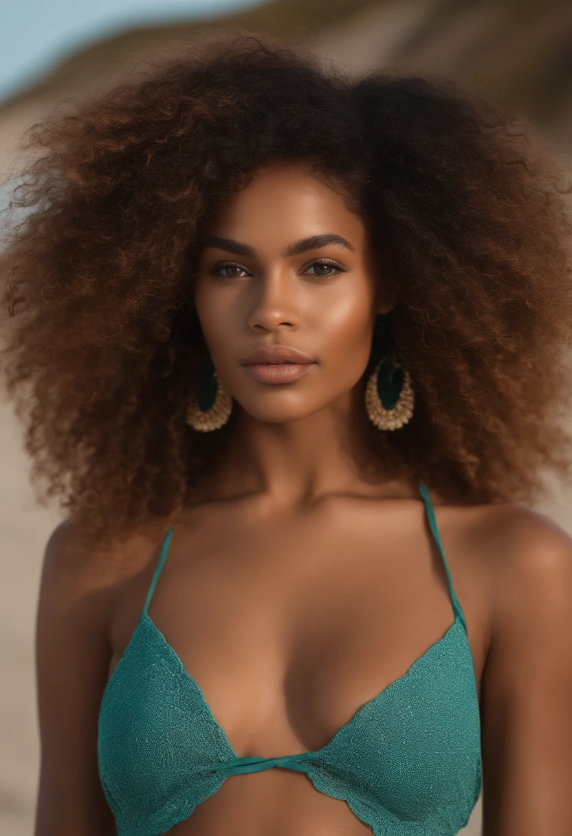 "Ultra-realistic image of a beautiful 19-year-old Afro-Latina girl, cuerpo perfecto, pecho fuerte, Nariz fina,Cintura fina, cabello rubio, Ondulado and curly hair karibean , Penetrantes ojos verde claro.Hyper realistic，Correct ，Facial features are carefully represented.，Bucles gratuites, cabello rubio rizado, (patio, cabello rubio rizado), Pelo rubio largo y rizado salvaje, Cabello multiverso, patio, cabello rubio rizado, cabello rubio rizado, Bucles, cabello ondulado extendido, Bucles baroques, Bucles, Ondulado,Textura del cabello, Ondulado bang, en  rojo con transparencias de fondo en una playa 