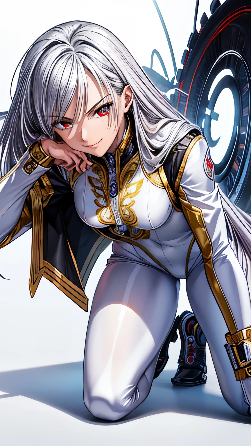 (masterpiece, best quality, ultra-detailed, highres, illustration:0.8), (full body:1.3), extremely detailed wallpaper, official art, amazing, high detail, ultra-detailed, extremely detailed 8k wallpaper, wide shot, bright silver hair, red eyes with slit pupils, (white background:1.3), (1girl, solo),(bright gold bodysuit),sexy,perfect anatomy,beautiful face, Carnage, smirk,