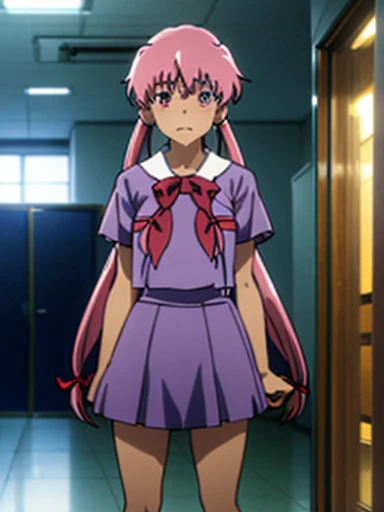 nsfw,Future Diary、My wife Yuna、pink hair, pink eyes,hair ribbon,side lock,twin tails,ponytail,shiny hair, school uniform,red bow tie,blue skirt,blue shirt,pleated skirt,short sleeve、standing position、crying face、tuck up,